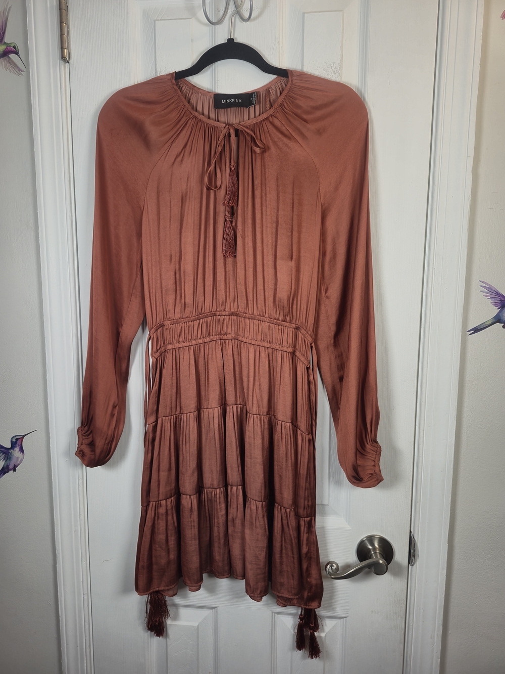 MINKPINK Hannah Satin Tassel Tiered Boho Mini Dress Rust Brown Size Small